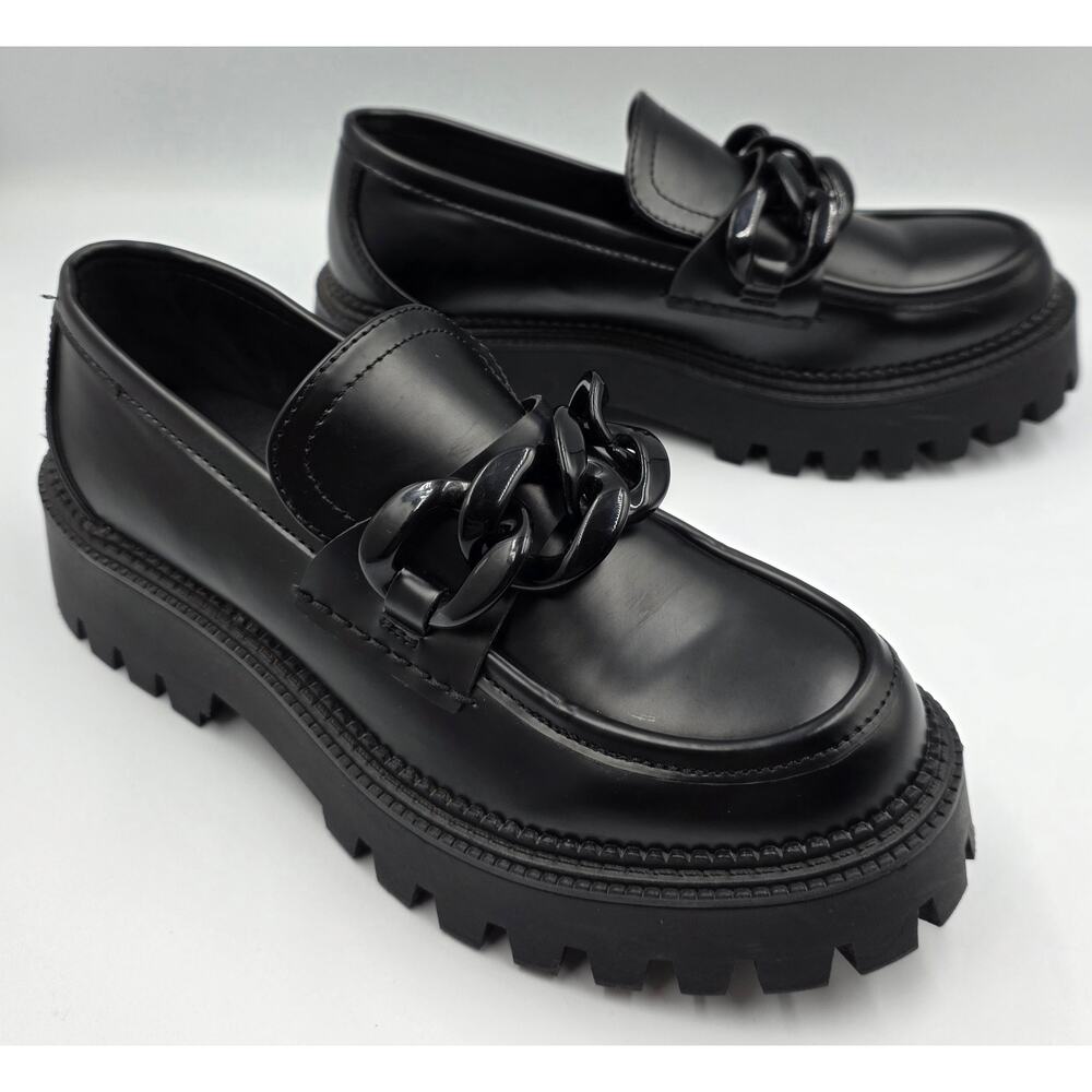 Steve Madden Women 8 Chunky Platform Loafer Chain Slip On Shiny Black Easy Clean